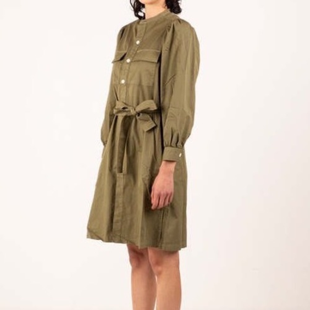 Alex Mill Jardin Shirt Dress Bay Leaf Green Cotton Puff Sleeve Belted XS